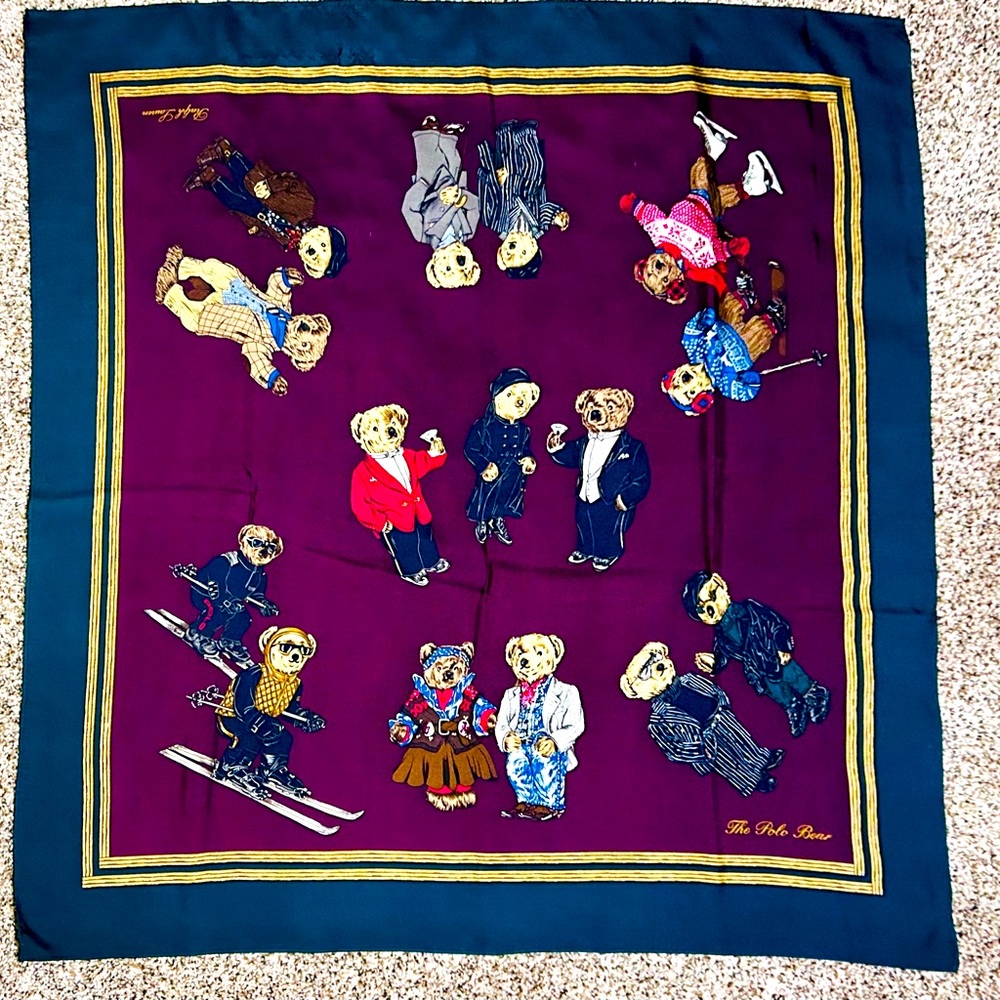 Vintage Ralph Lauren Polo Bear Silk Scarf Used